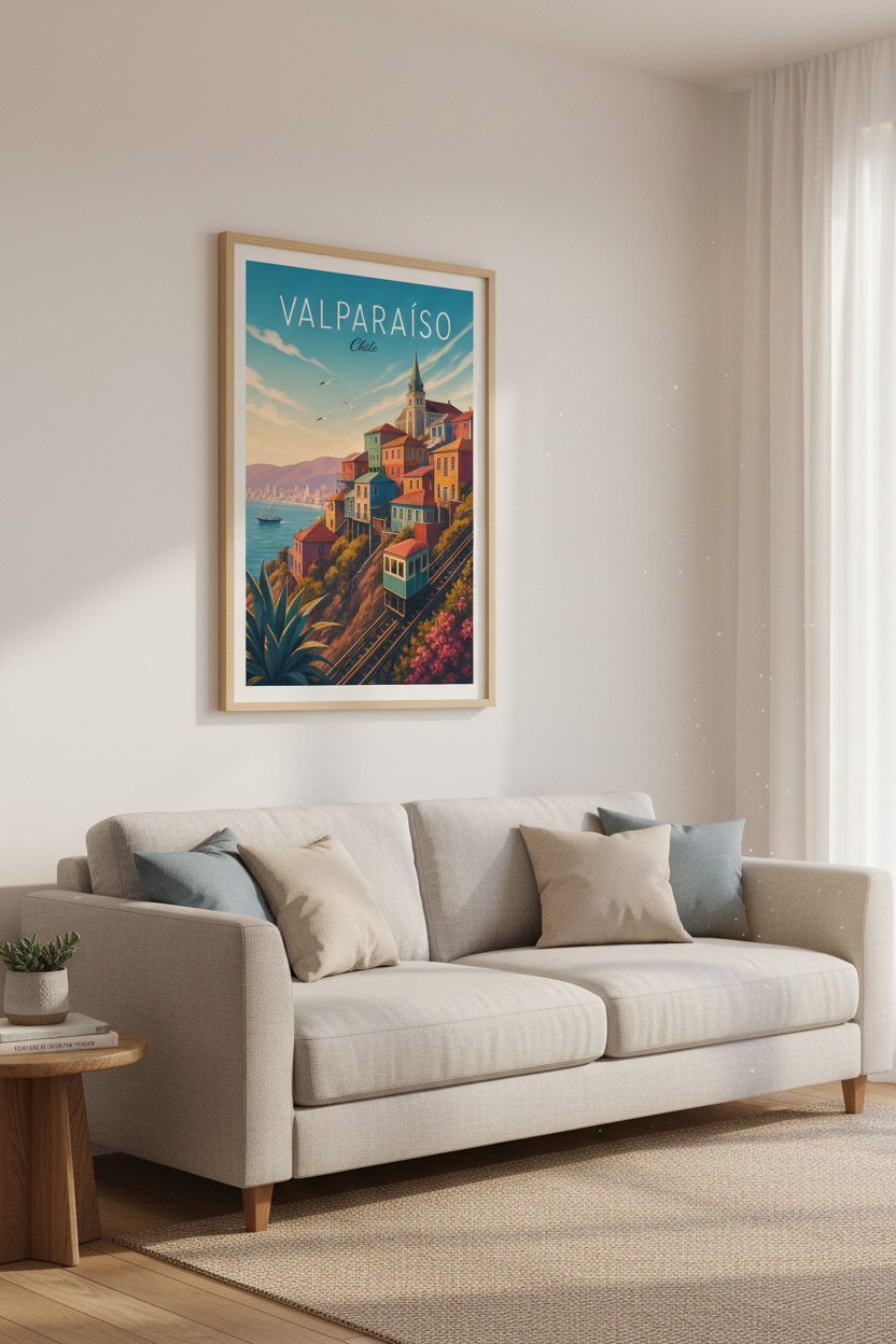 Valparaiso Chile Travel Poster | Colorful South America Art, Coastal Living Room Decor