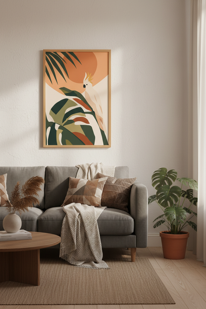 Cockatoo Tropical Bird Art | Boho Terracotta Green Poster, Living Room Decor