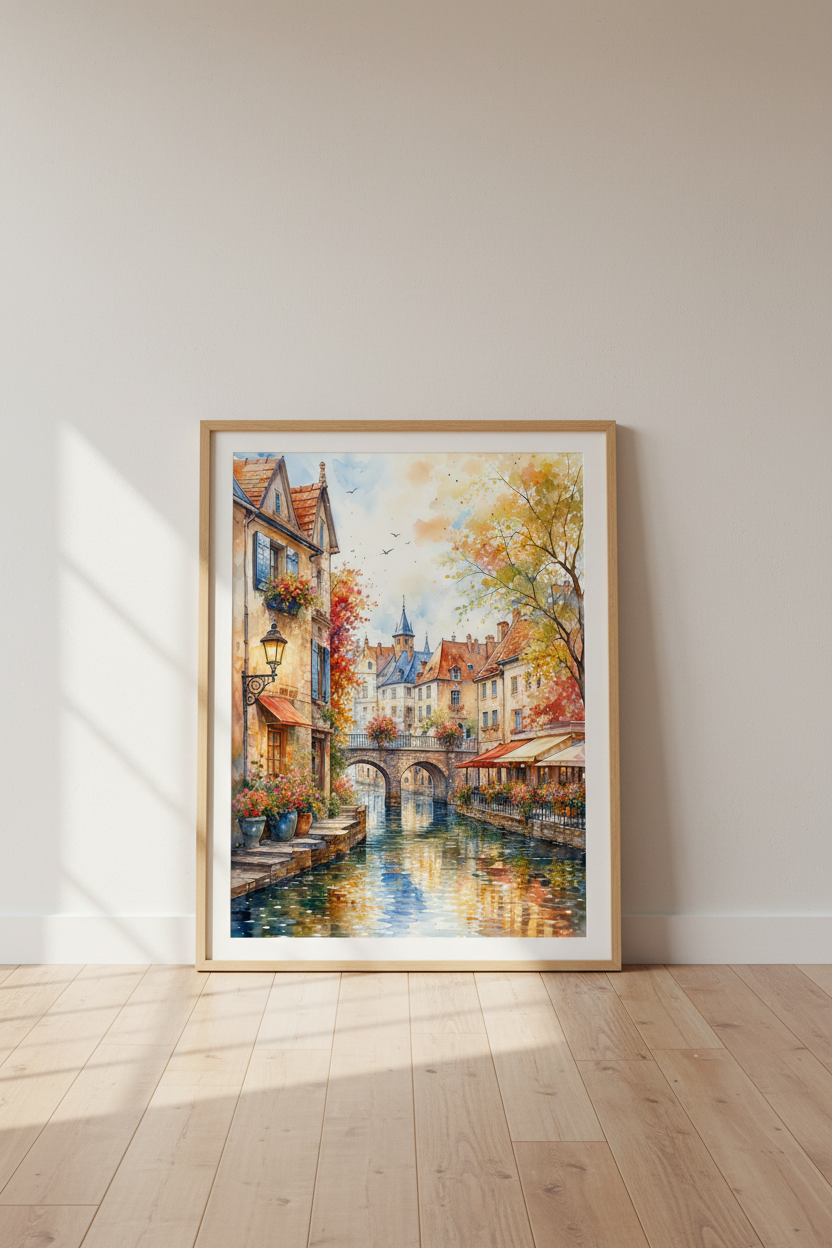 European Canal Village Watercolor | Colorful Town Landscape, Living Room Wall Art