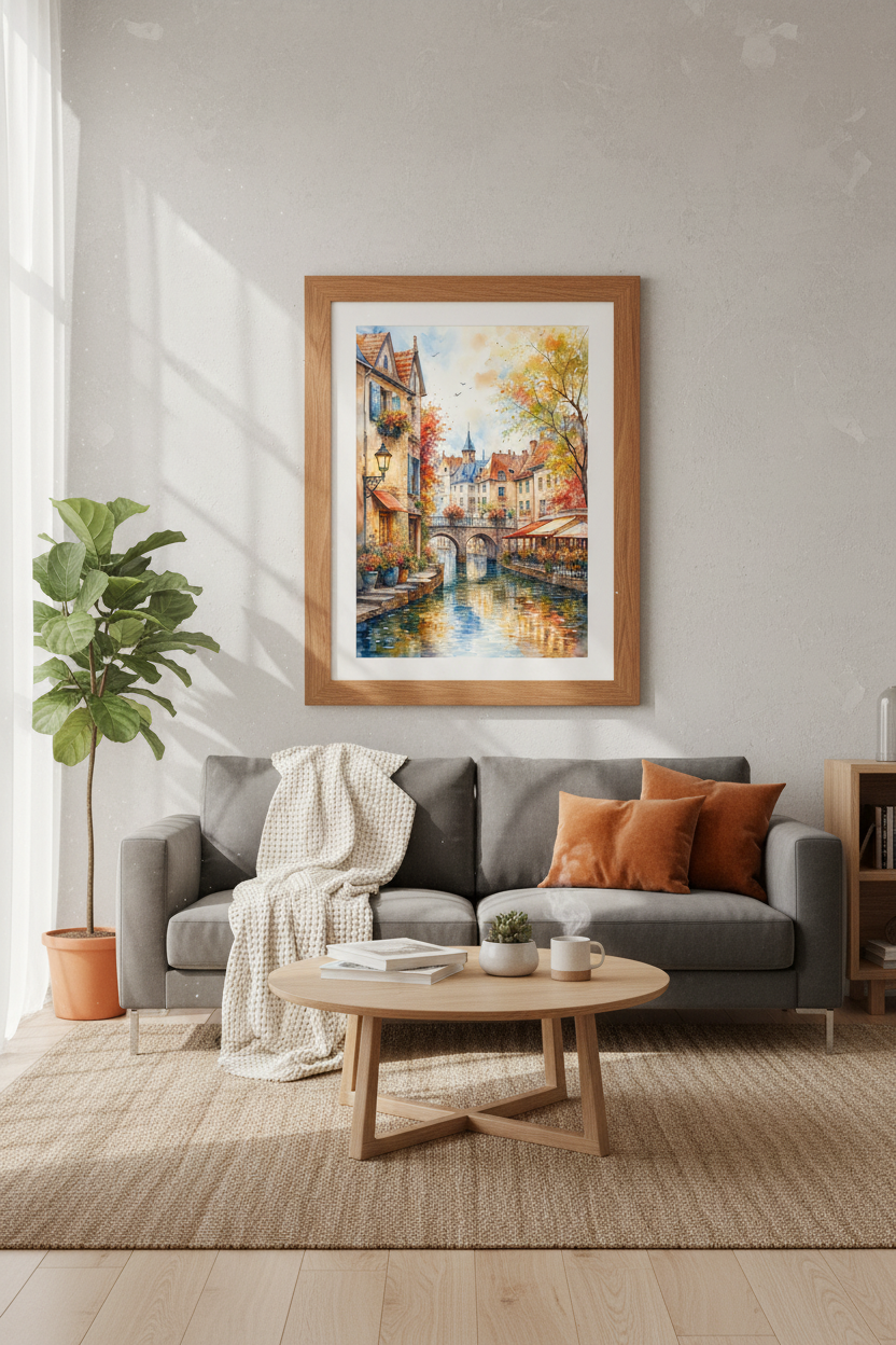 European Canal Village Watercolor | Colorful Town Landscape, Living Room Wall Art