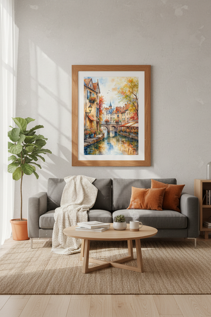 European Canal Village Watercolor | Colorful Town Landscape, Living Room Wall Art