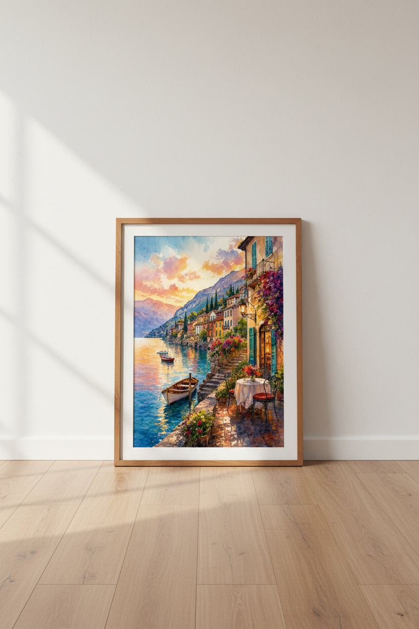Italian Lake Como Watercolor Print | Mediterranean Landscape, Sunset Travel Poster Art