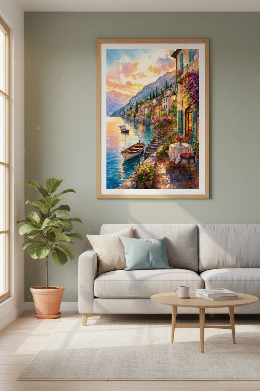 Italian Lake Como Watercolor Print | Mediterranean Landscape, Sunset Travel Poster Art