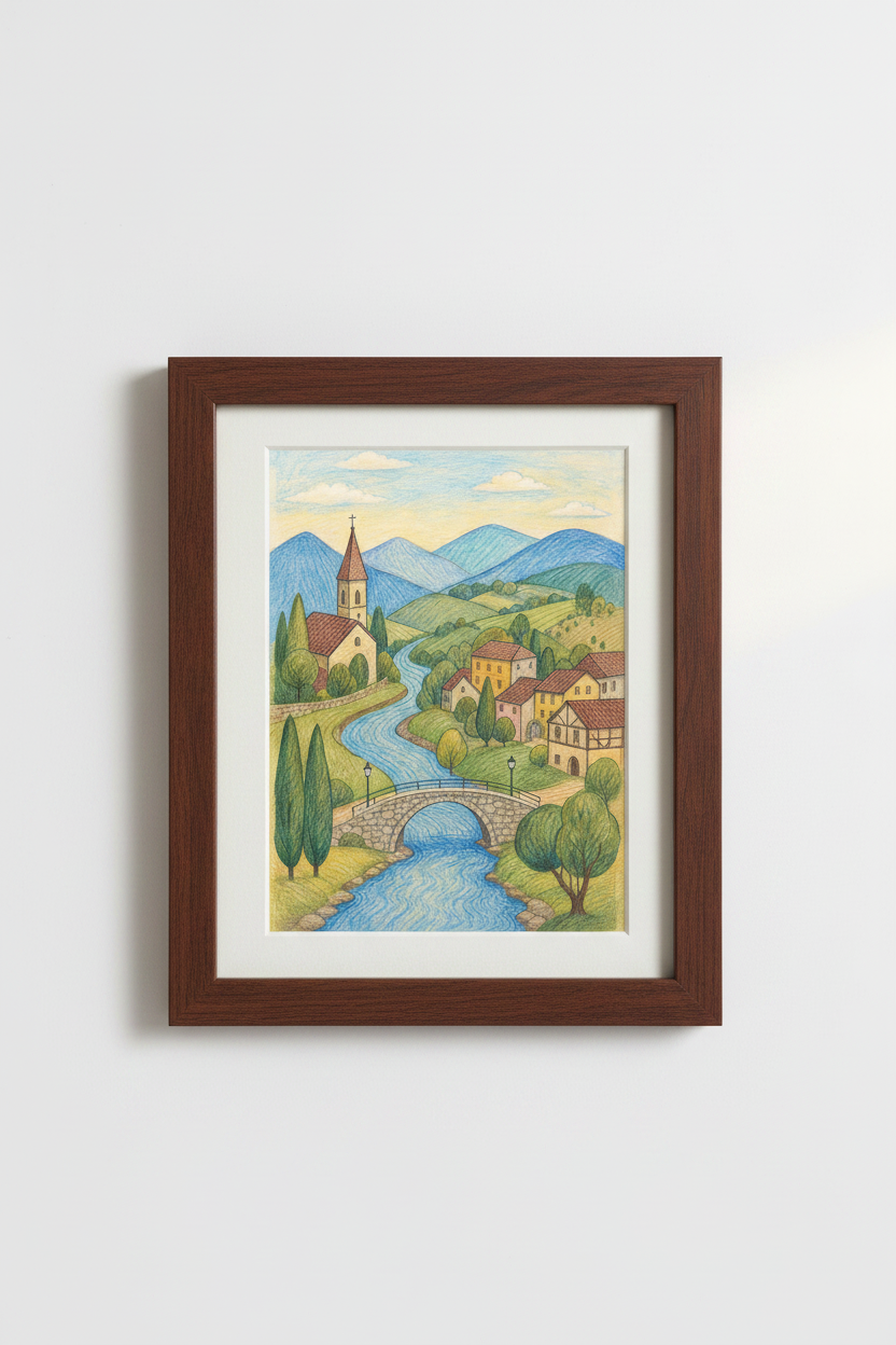 Pastel landscape Wall Art Print | Rustic Village Decor | Soft Aesthetic Poster