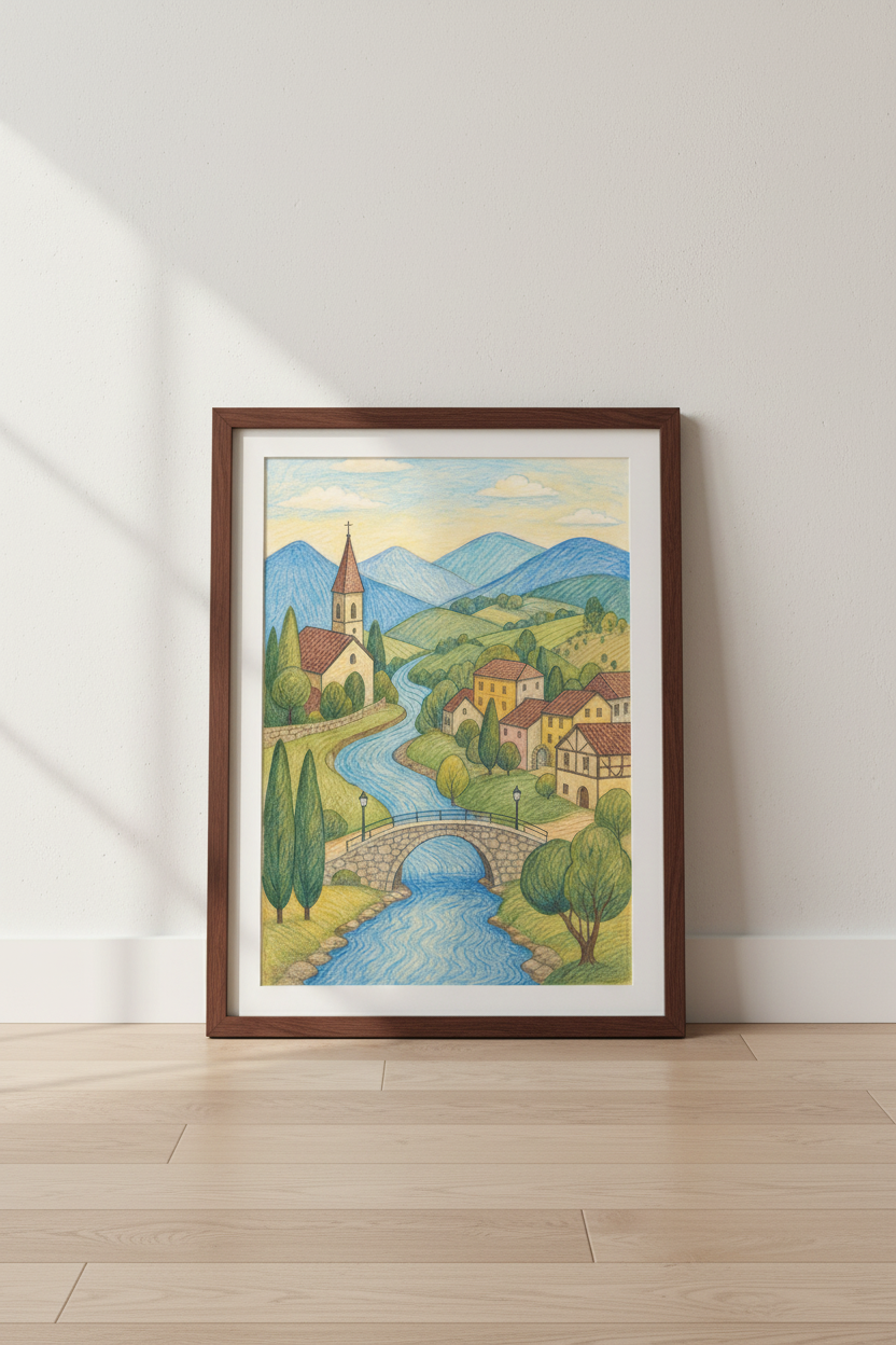 Pastel landscape Wall Art Print | Rustic Village Decor | Soft Aesthetic Poster