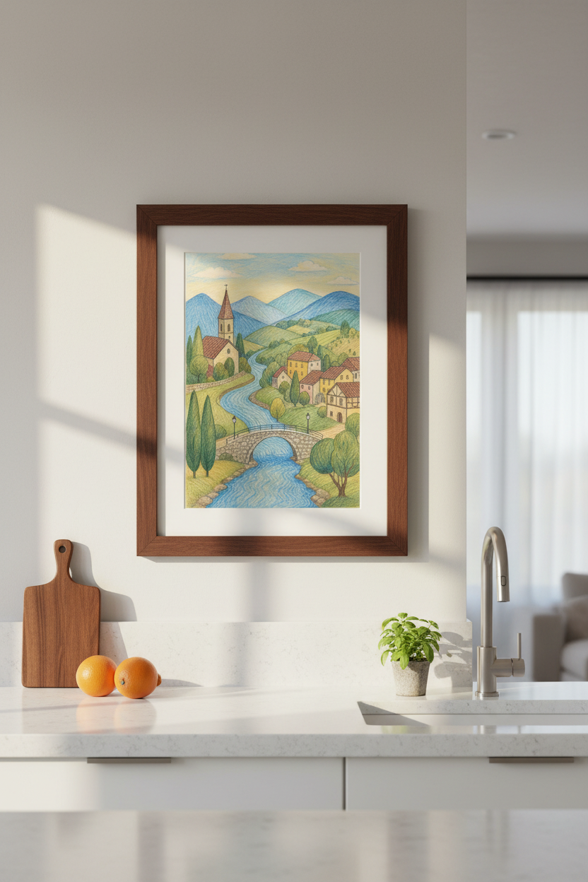 Pastel landscape Wall Art Print | Rustic Village Decor | Soft Aesthetic Poster