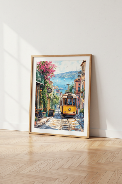 Istanbul Watercolor Tram Wall Art | Mediterranean Coastal Decor | Cityscape Poster