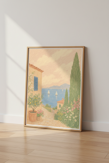 Mediterranean Coast Art | Italian Summer Villa Print, Coastal Landscape Poster