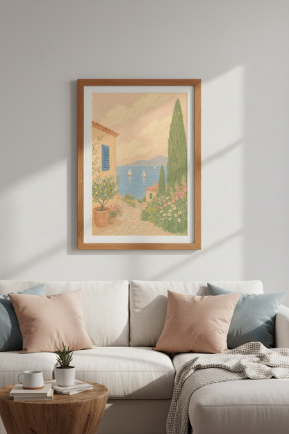 Mediterranean Coast Art | Italian Summer Villa Print, Coastal Landscape Poster