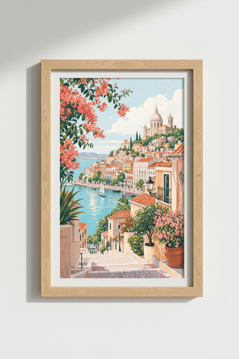 Mediterranean Coastal Village Wall Art | Italian Summer Decor | Pastel Landscape Poster