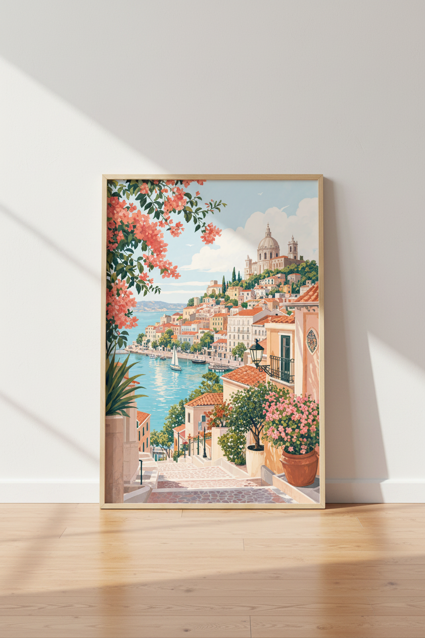 Mediterranean Coastal Village Wall Art | Italian Summer Decor | Pastel Landscape Poster