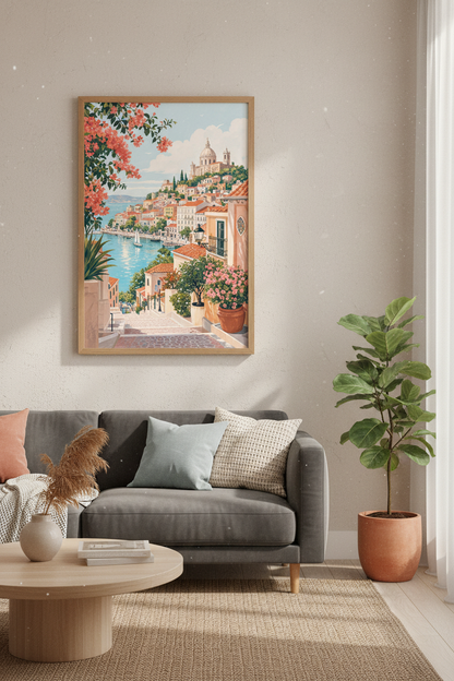 Mediterranean Coastal Village Wall Art | Italian Summer Decor | Pastel Landscape Poster