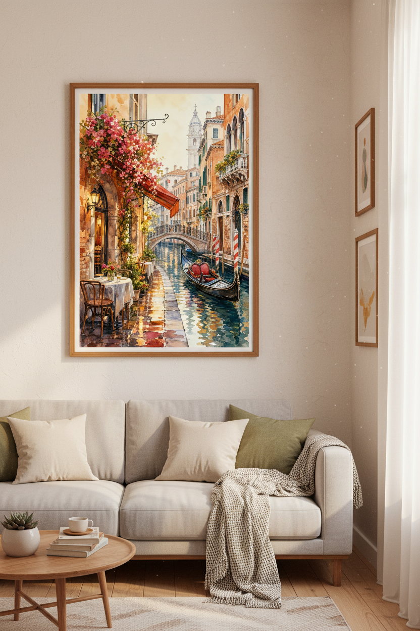 Venice Canal Watercolor Print | Italy Cafe Wall Art | Mediterranean Decor