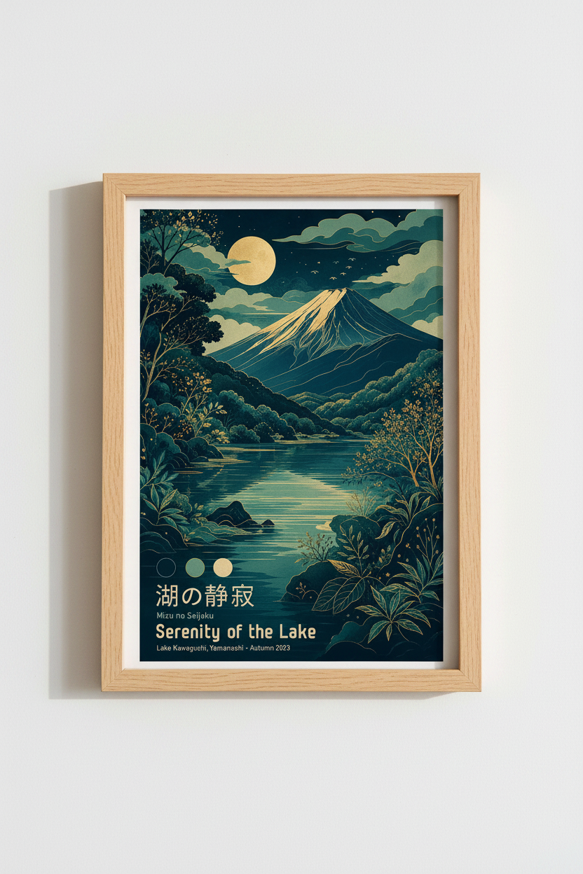 Japanese Landscape Print | Mount Fuji Lake Wall Art, Teal &amp; Gold Zen Decor
