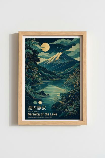 Japanese Landscape Print | Mount Fuji Lake Wall Art, Teal &amp; Gold Zen Decor