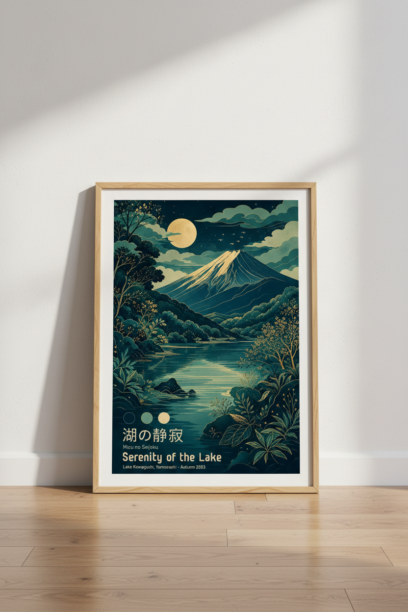 Japanese Landscape Print | Mount Fuji Lake Wall Art, Teal &amp; Gold Zen Decor