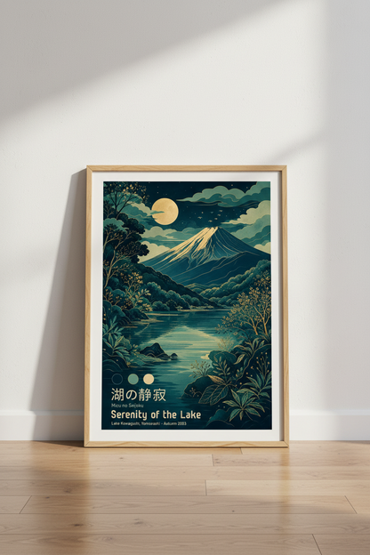 Japanese Landscape Print | Mount Fuji Lake Wall Art, Teal &amp; Gold Zen Decor