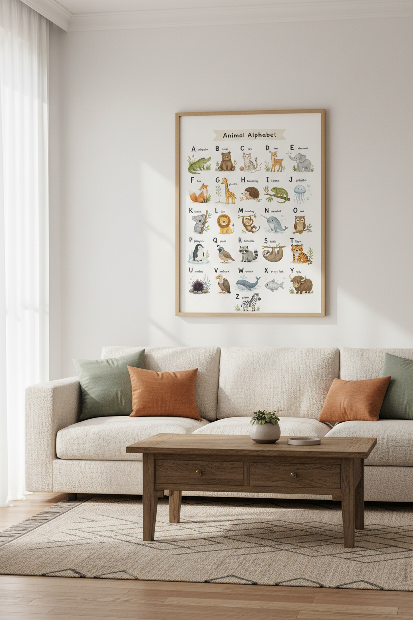 Animal Alphabet Wall Art | Nursery ABC Poster | Neutral Watercolor Playroom Decor