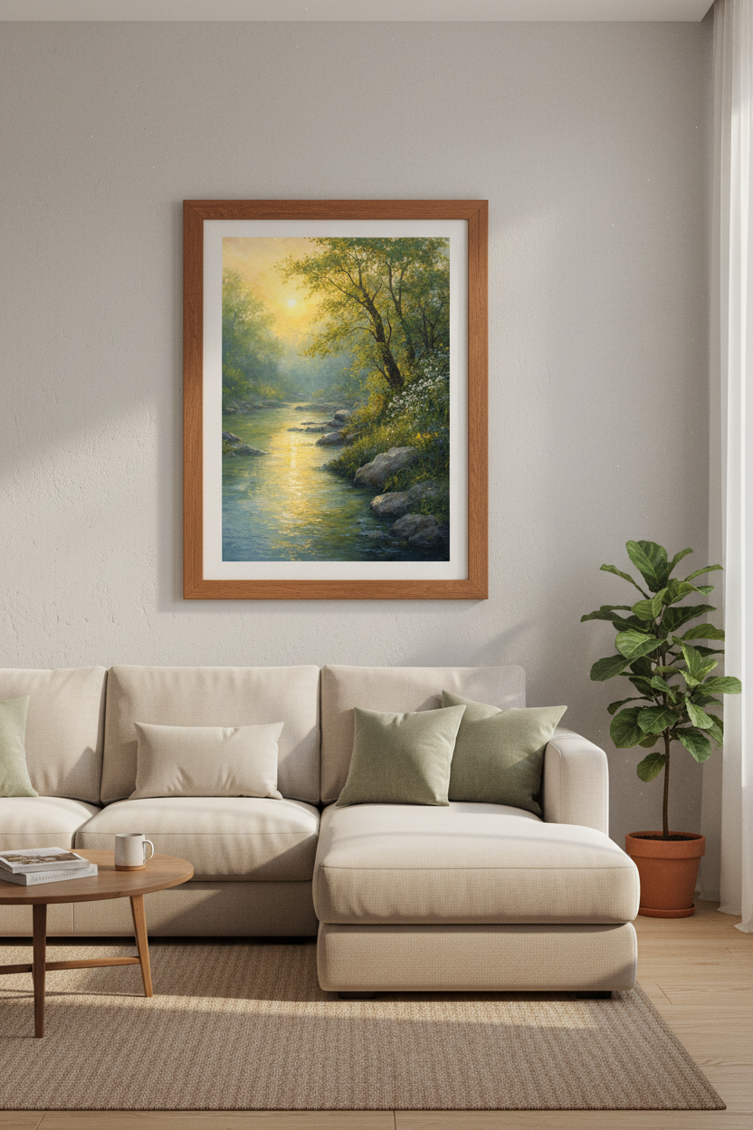 Forest River Landscape | Impressionist Gold &amp; Green | Living Room Wall Art