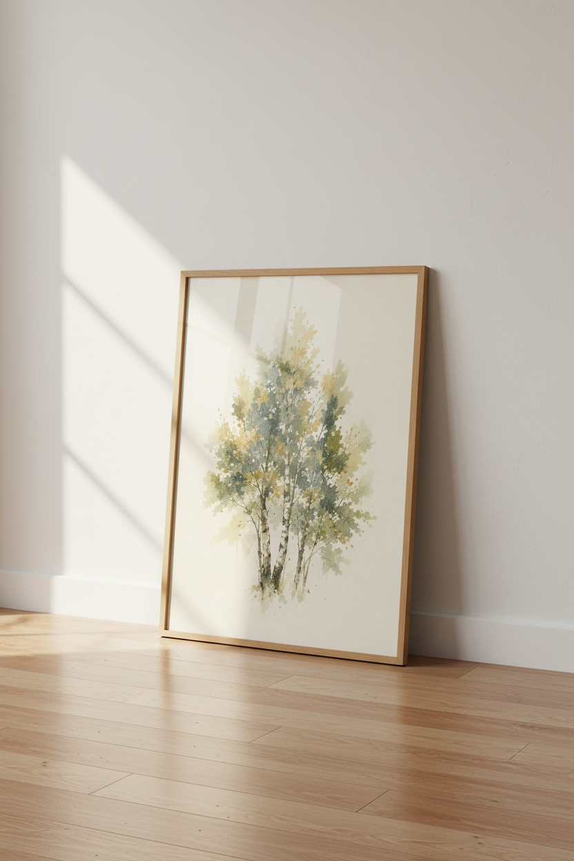 Birch Tree Watercolor Art | Sage Green Nature Print, Minimalist Boho Forest Decor