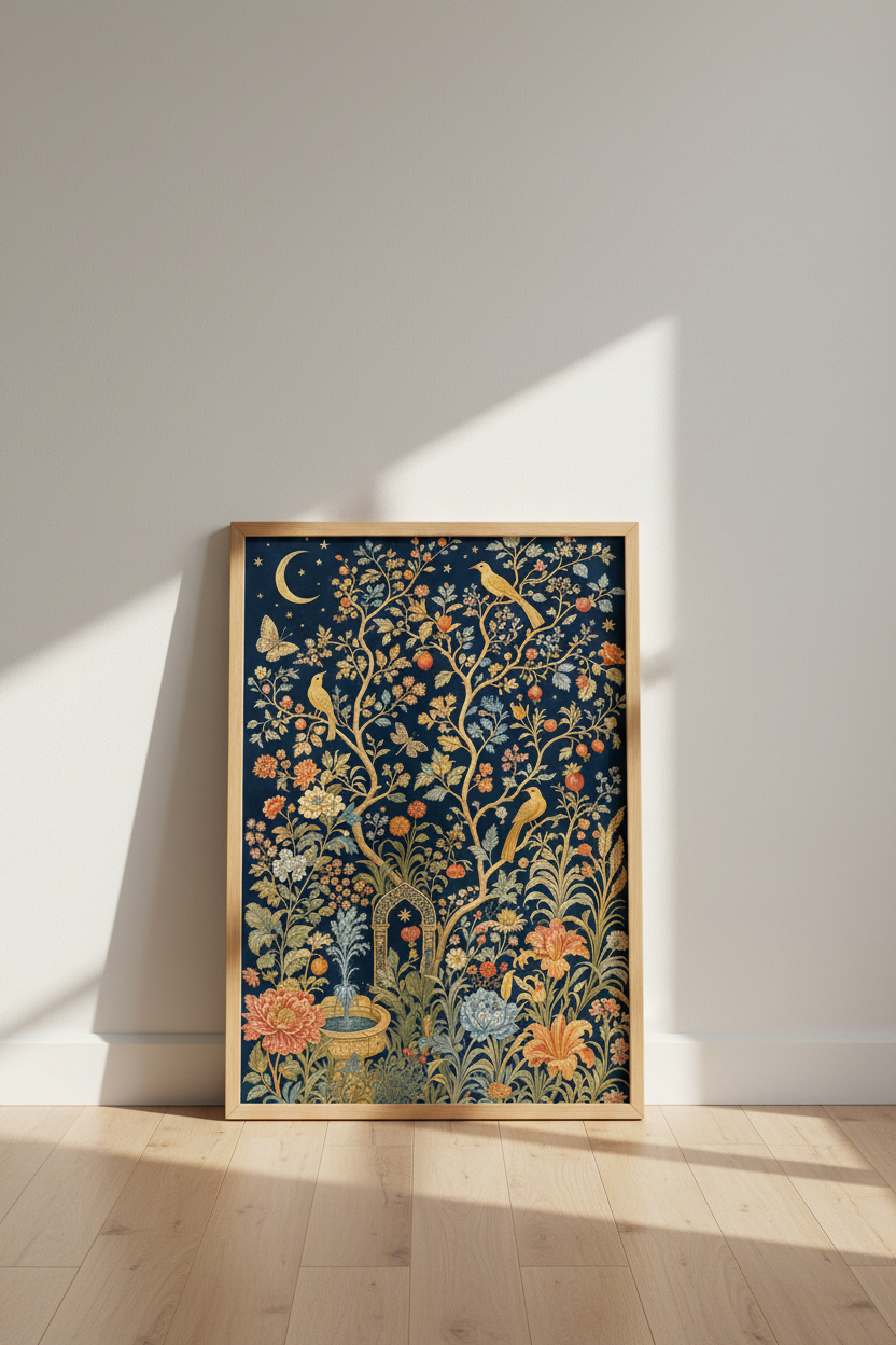 Midnight Garden Wall Art | Vintage Floral Bird Print, Dark Academia Decor