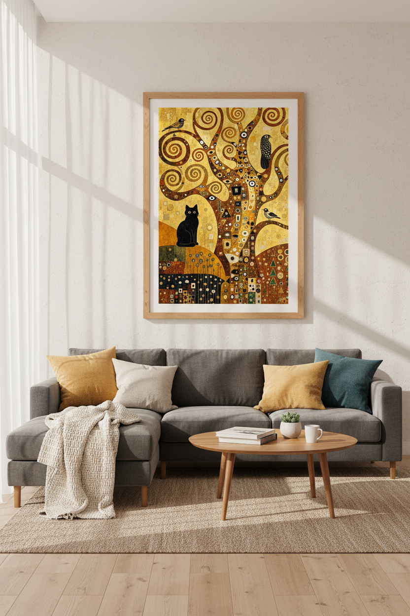 Black Cat Tree of Life Wall Art Print | Gold Klimt Style Decor | Art Nouveau Poster