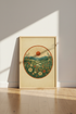 Boho Mountain Landscape Poster | Retro Sun & Wildflowers, Living Room Decor