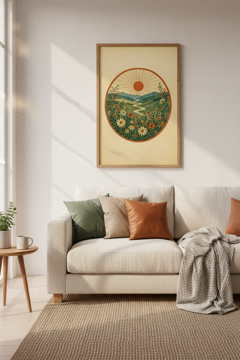 Boho Mountain Landscape Poster | Retro Sun &amp; Wildflowers, Living Room Decor