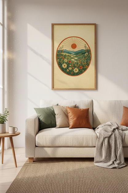 Boho Mountain Landscape Poster | Retro Sun &amp; Wildflowers, Living Room Decor