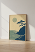 Japanese Pine Tree Wall Art | Blue Coastal Landscape, Zen Living Room Decor
