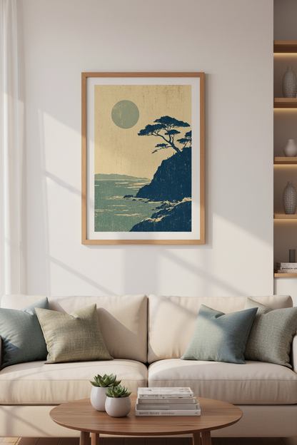 Japanese Pine Tree Wall Art | Blue Coastal Landscape, Zen Living Room Decor