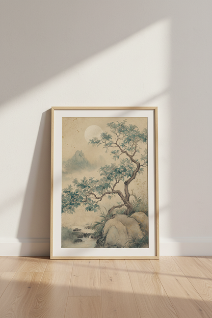 Japanese Landscape Wall Art | Zen Mountain Tree Poster, Living Room Decor