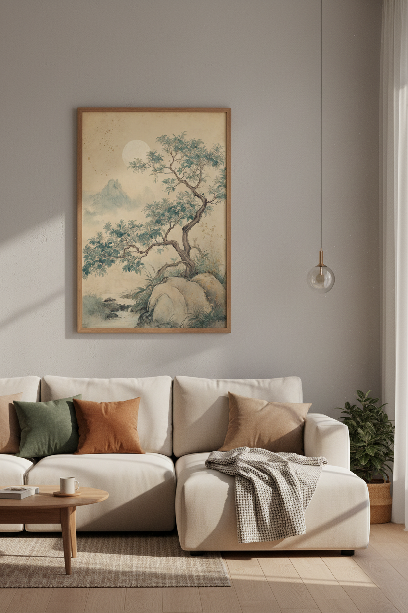 Japanese Landscape Wall Art | Zen Mountain Tree Poster, Living Room Decor