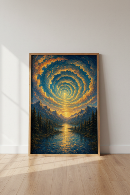 Mountain Sunset Wall Art | Impressionist Lake Landscape, Blue &amp; Gold Living Room Poster