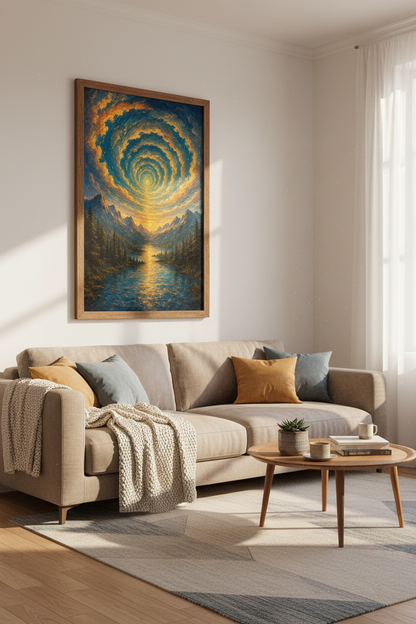 Mountain Sunset Wall Art | Impressionist Lake Landscape, Blue &amp; Gold Living Room Poster