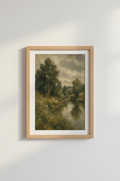 Vintage Landscape | Moody Green River Art, Impressionist Painting Poster