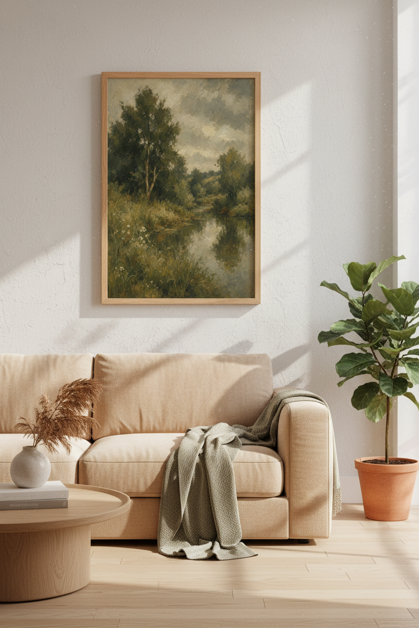 Vintage Landscape | Moody Green River Art, Impressionist Painting Poster