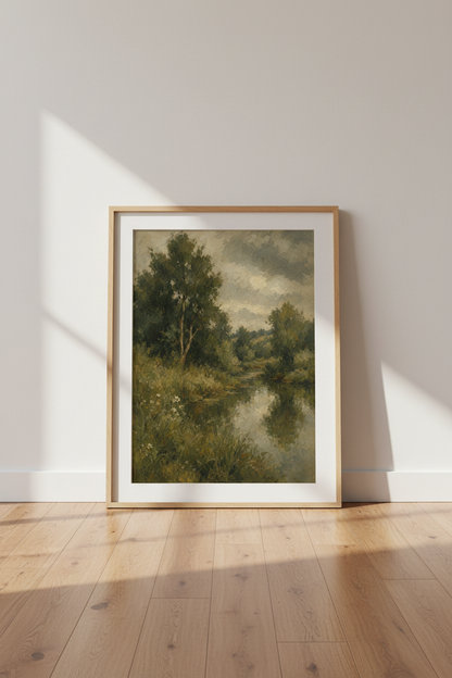 Vintage Landscape | Moody Green River Art, Impressionist Painting Poster