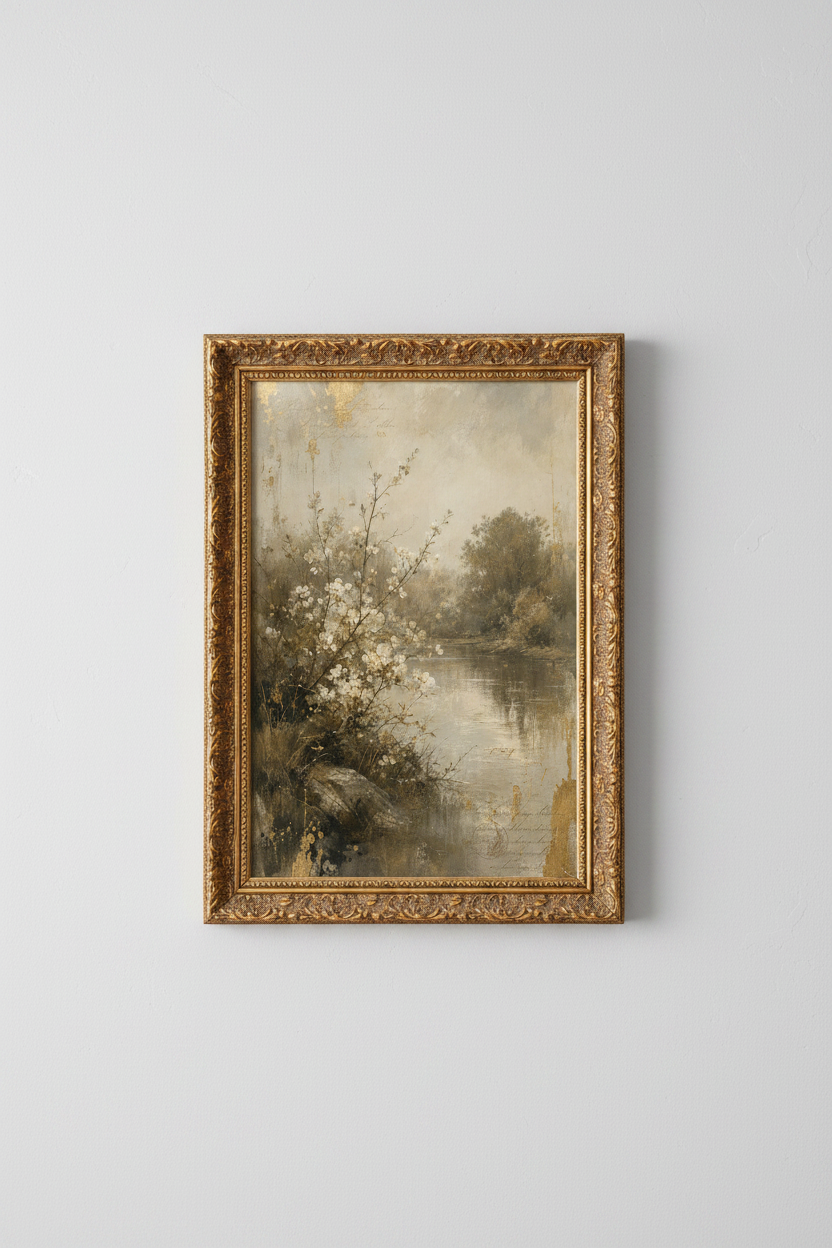 Vintage Botanical | Soft Sepia-Tones Riverside Scene | Living Room Decor