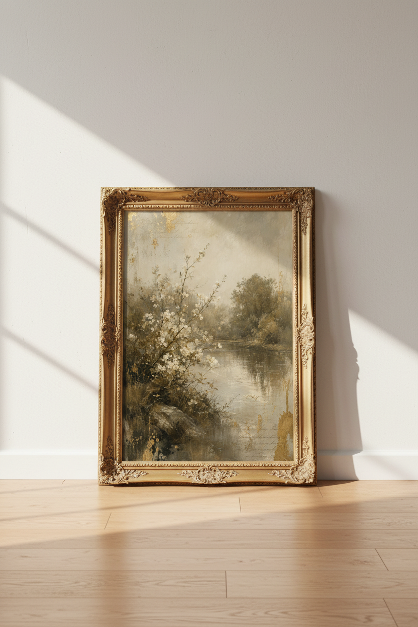 Vintage Botanical | Soft Sepia-Tones Riverside Scene | Living Room Decor