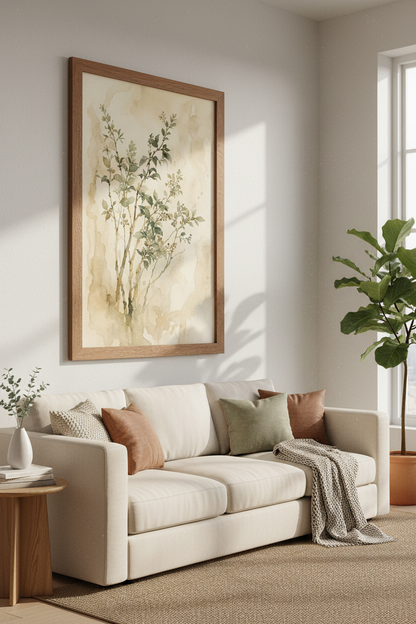 Botanical Watercolor Branch Print | Neutral Sage Green Leaf, Modern Farmhouse Wall Art