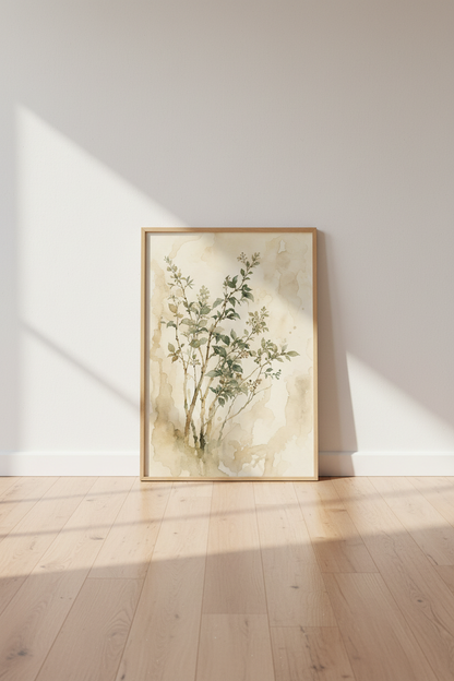Botanical Watercolor Branch Print | Neutral Sage Green Leaf, Modern Farmhouse Wall Art
