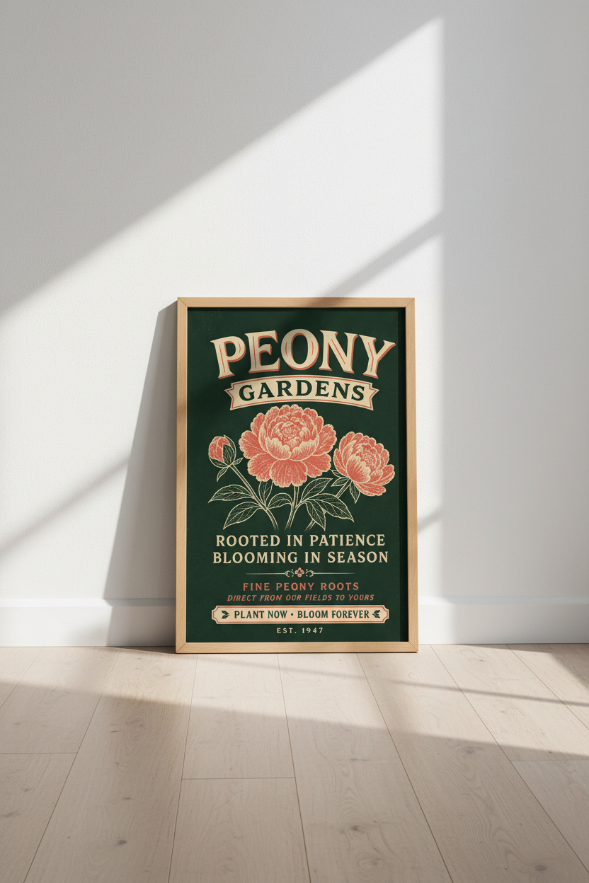 Vintage Peony Garden Wall Art Print | Dark Botanical Decor | Retro Flower Poster