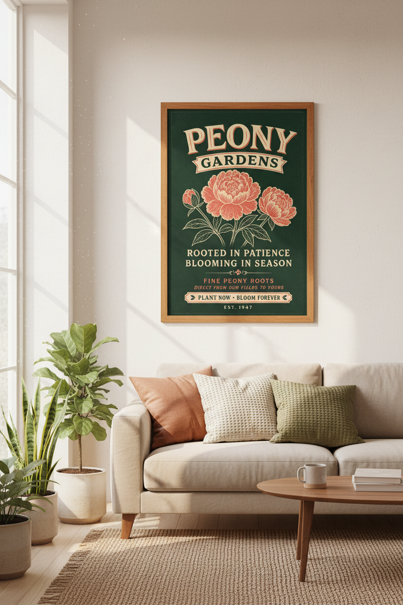 Vintage Peony Garden Wall Art Print | Dark Botanical Decor | Retro Flower Poster