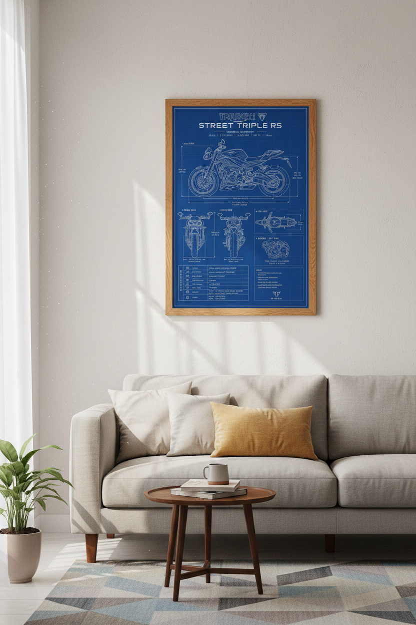 Triumph Street Triple RS Art Print | Blueprint Motorcycle Poster | Man Cave Decor