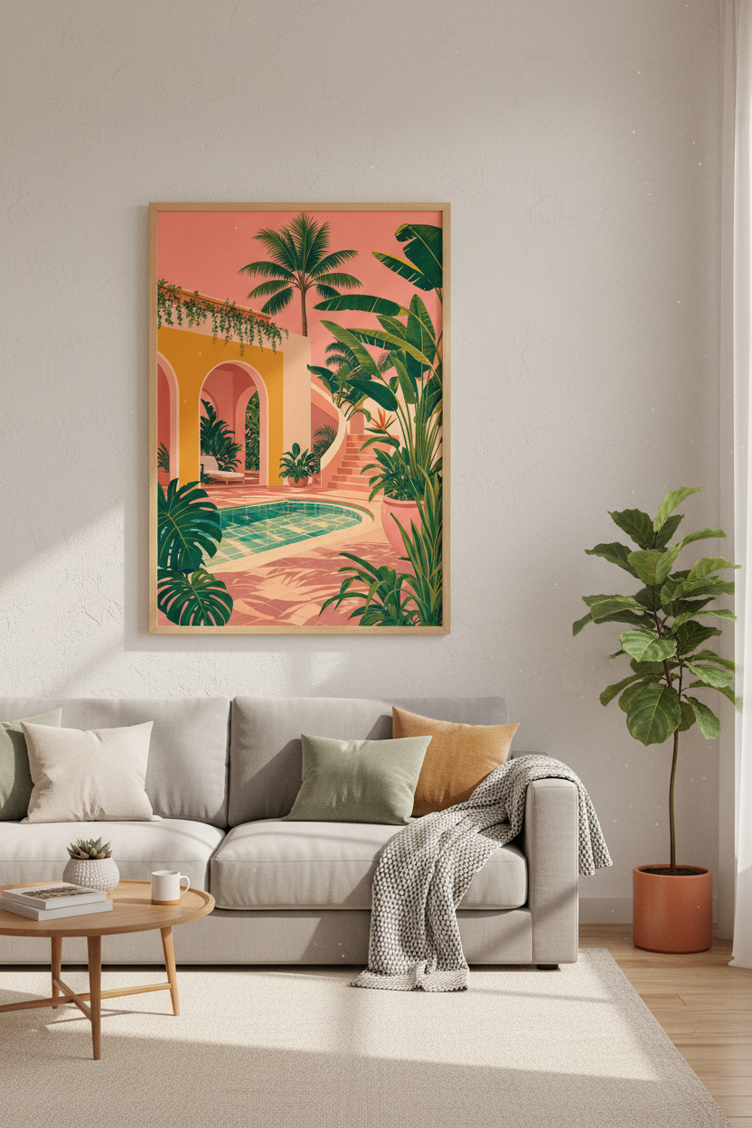 Tropical Poolside Oasis | Pink Mediterranean Style, Boho Living Room Decor