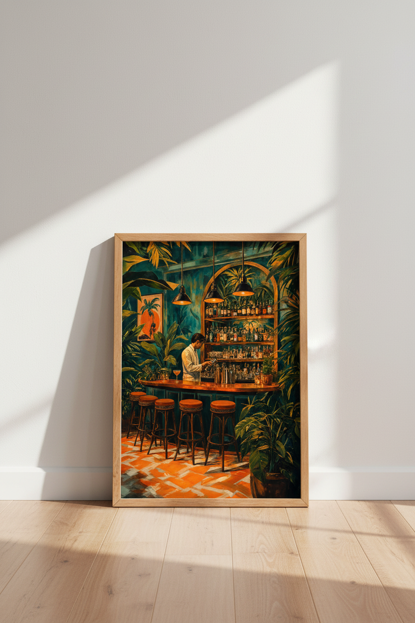 Tropical Speakeasy Bar Wall Art | Teal &amp; Orange Jungle Decor | Moody Cocktail Poster