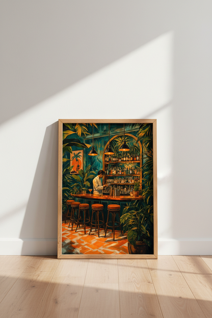 Tropical Speakeasy Bar Wall Art | Teal &amp; Orange Jungle Decor | Moody Cocktail Poster