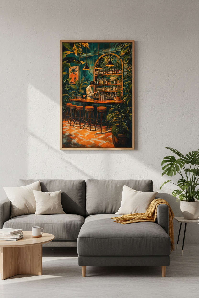 Tropical Speakeasy Bar Wall Art | Teal &amp; Orange Jungle Decor | Moody Cocktail Poster