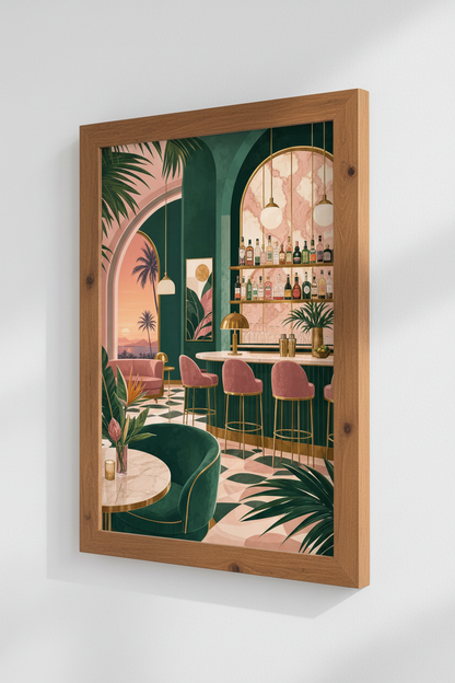 Tropical Art Deco Club | Green &amp; Pink Bar Print, Retro Beach Lounge Poster